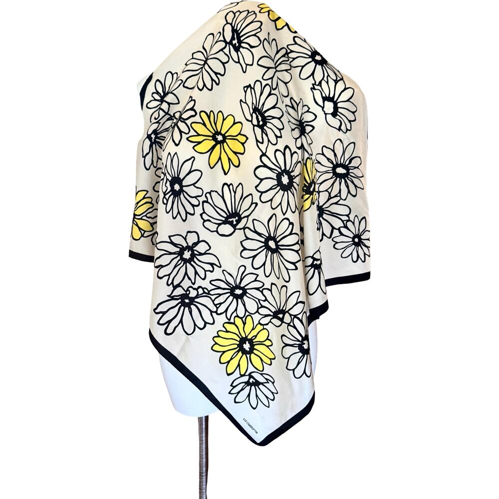 Vintage Liz Claiborne 90s Silk Daisy Print Scarf Black White Yellow 26 Inch - Picture 10 of 14